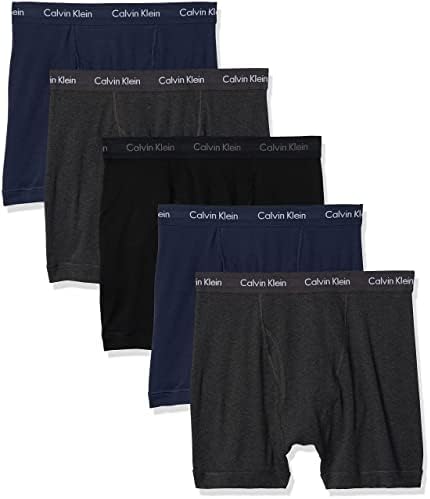 Calvin Klein Men's Cotton Classics 5-Pack Boxer Brief, 2 Blue Shadow Body W/Blue Shadow Waistband, 2 Charcoal Heather Body W/Charcoal Heather Waistband, 1 Black Body W/Black Waistband, Large