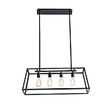 Morley Glass Linear Chandelier, 4-Light Industrial Island Pendant Lighting with Matte Black Frame for Dining Room, Kitchen by Lanros