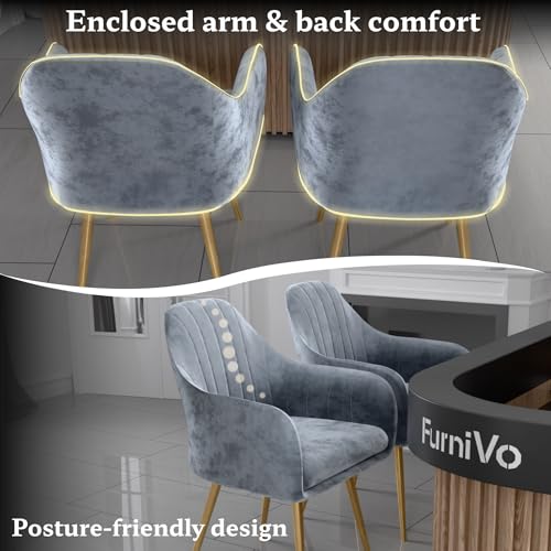 Image of Milano Velvet Comfort Dining Chair with Deep Cushion Seating, Strong Wooden Frame & Metal Support Legs for Dining, Living Room, Bedroom, Balcony & Office (Soft Grey)