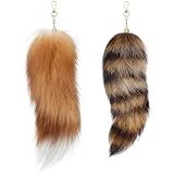 Ferreve Fluffy Fur Fox Tail Keychain Wolf Therian Tail Keychain for Party Cosplay Costume Keyring for Women 2 Sizes(Gold,Brown,2 Pcs)