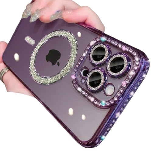Image of Cute Compatible with iPhone 15 Diamond Glitter Case,Luxury Bling Rhinestone Soft Clear TPU Bumper Case,Compatible with MagSfe and Camera Lens Protection Cover for Women Girls (Purple)