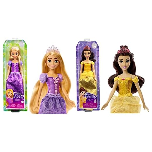 Disney Princess Rapunzel Muñeca Princesa película Enredados, Juguete +3 años (Mattel HLW03) & Princess Bella Muñeca Princesa película La Bella y la Bestia, Juguete +3 años (Mattel HLW11)