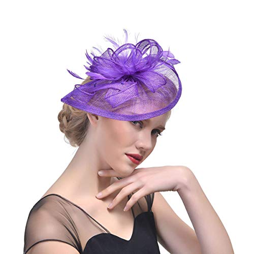 Panba Women's Vintage Derby Fascinator Hat Pillbox Headband Feather Cocktail Tea Party Hair Clips Purple