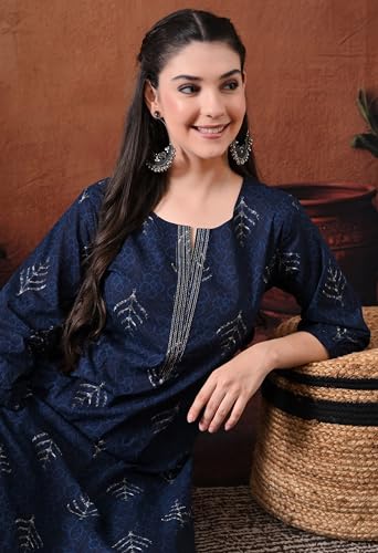 Image of Ichaa Women's Pure Cotton Embroidered Round-Neck Ethnic Kurta with 3 /4th Sleeve for Daily and Office Wear, in Plus Sizes