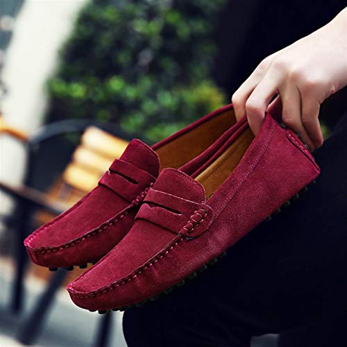 Penny Loafer for Men Square Apron Toe Slip On Driving Shoes Stitching Nubuck Leather Anti Slip Rubber Sole with Grips Solid Color(Wine,10 M US)2