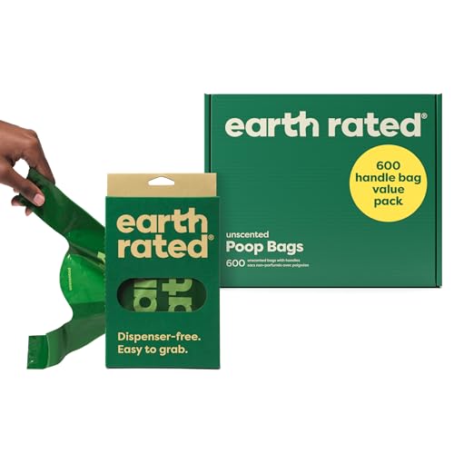 Earth Rated Dog Poop Bags with Handles Value Pack, Easy Tie and Guaranteed Leakproof, Unscented, 600 Handle Bags
