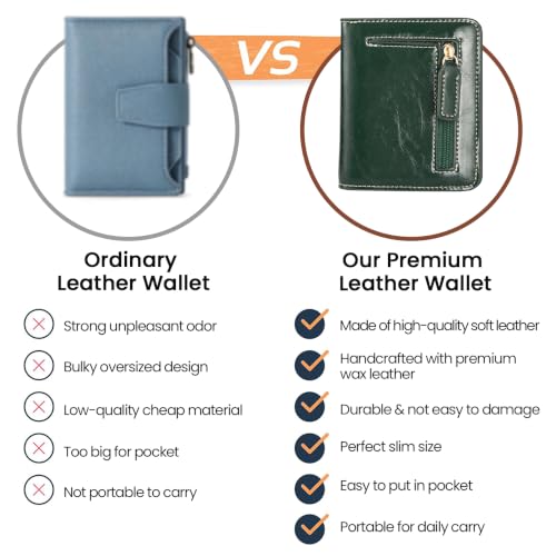 Image of Itslife Women's RFID Blocking Small Compact Bifold Waxed Leather Pocket Wallet Ladies Mini Purse with ID Window (Dark Green)