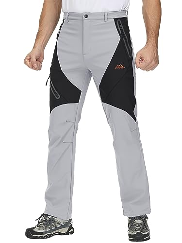 TACVASEN Winter Hiking Pants Men Snow Windproof Waterproof Insulated Snowboard Pants with Zipper Pockets Lightgrey