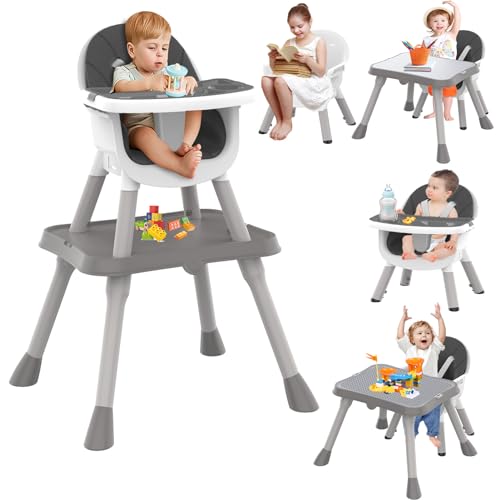 Image of Baby High Chair, 8 Modes High Chairs for Babies and Toddlers, Baby Feeding Chair with Toddler Table and Chair Set, Portable High Chair with PU Cushion, Building Blocks for Babies (6 Mos-10 Yrs Old)