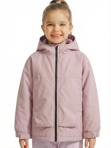 Gogokids Boys Girls Rain Jacket Waterproof Insulated Jacket Raincoat Hooded Windbreakers Warm Outerwear Jackets, Pink, 11-12 Years