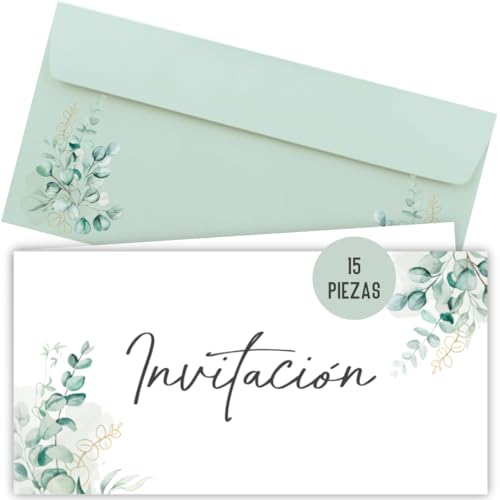 Things of Happiness 15 cartões de convite incl. envelopes para casamento, registo civil, aniversário, confirmação, comunhão, batizado, convite, cartão dobrável DIN longo (Eucalipto 15 peças)