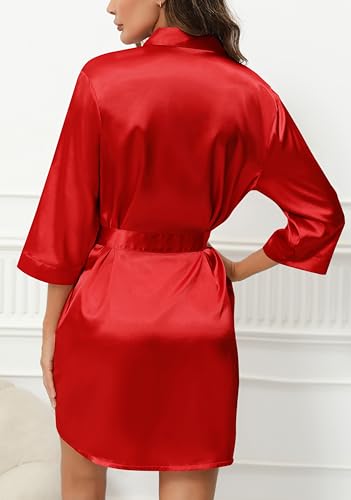 Samring Women's Kimono Robes Short Satin Silk Bridal Party Robe 3/4 Sleeve Sexy V Neck Summer Bathrobes with Belted Red XXL — view 5