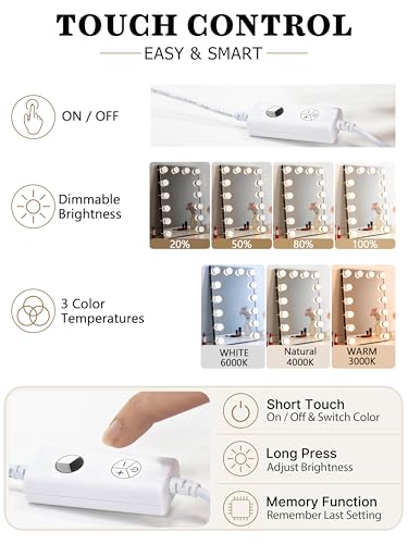Image of Waneway 14 Bulbs Vanity Lights for Mirror, Plug in Power Adapter & Touch Control Dimmer, 3 Color Modes, 1260 Lumens, Stick on LED Makeup Lights Kit (Mirror Not Included)
