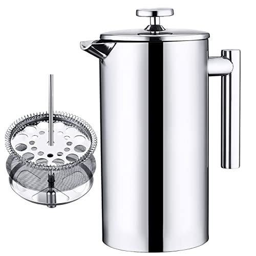 Shinhony French Press Coffee Maker, 304 Stainless Steel Coffee Maker, Double Wall Metal Insulated Coffee Tea Maker with 4 Level Filtration Systems for Home Office (1L/32oz)