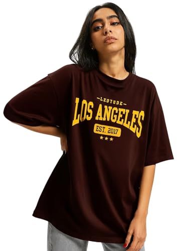 LEOTUDE Women’s Cottonblend Half Sleeve Round Neck Oversized Fit Tshirt (Fs49_Brwn_Losangl_P_Brown_S, Shirt)