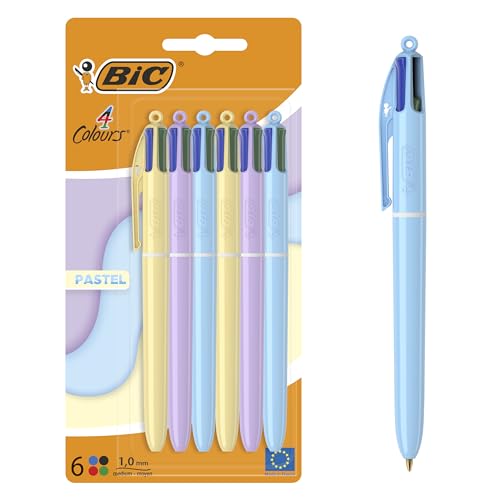 BIC 4 Couleurs Pastel - Stylos-Bille Pointe Moyenne (1,00 mm) - Couleurs Assorties, Pack de 6