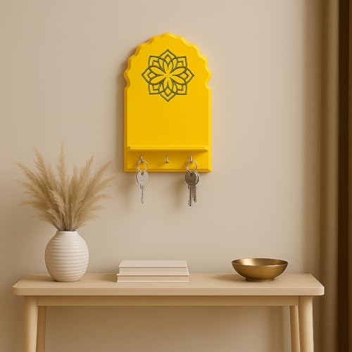 Image of Globally Indian Engineered Wood Keys Holder for Wall with Shelf | Mandala Design Key Stand Organizer for Home Entrance | Decorative Key Hanger for Wall, Entryway, Living Room | Floating Shelf (Yellow)