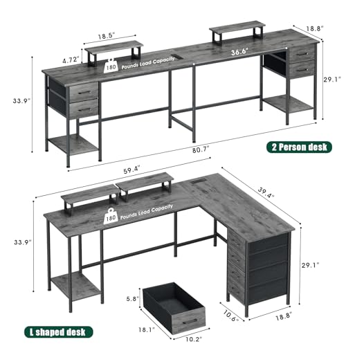 59 inch L Shaped Computer Desk with Power Outlets, Home Office Desk with 4 Adjustable Storage Drawers & 2 Monitor Stands, Two Person Gaming Table for Bedroom, Grey