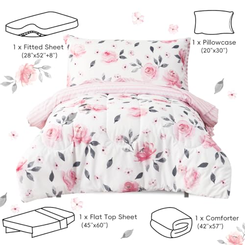 Image of PHF 4 Piece Toddler Bedding Set, Ultra Soft Toddler Comforter Sets Include Comforter, Fitted Sheet, Flat Top Sheet and Pillowcase for Girls, Floral Bed in A Bag for Baby Bedroom, Floral