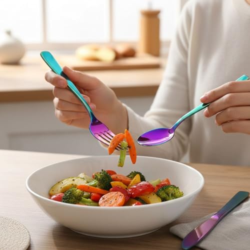 Image of 12-Pcs. Rainbow Cutlery Set - Iridescent Stainless Steel Flatware Service for 6 with 6 Dinner Spoons & 6 Dinner Forks - Titanium Ion Plated Mirror Finish - Multicolor Silverware