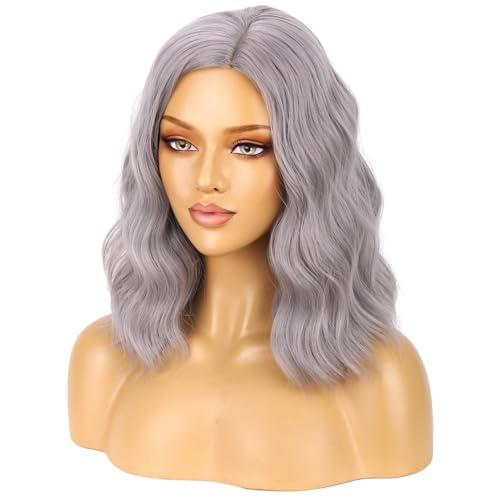 Image of BERON Grey Wigs for Women Short Curly Wavy Wig Girls Gray Color Old Lady Heat Resistant Synthetic Hair Wig for Costume Cosplay Party or Daily Use