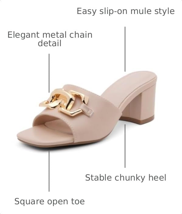 Image of Shoe Land Women's Low Block Heels 2025 - Square Open Toe Slip-On Mules with Metal Chain, Comfortable Chunky Dressy Heeled Slides for Wedding, Office, Party & Everyday Wear