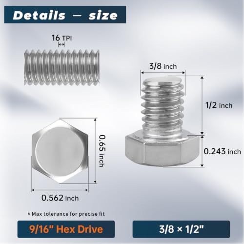 Image of 8 Sets Glvaner 3 /8-16 x 1 /2 inch Stainless Steel Hex Head Screws Bolts, Nuts, Flat & Lock Washers, 18-8 (304) Stainless Steel, Full Thread, Coarse Thread