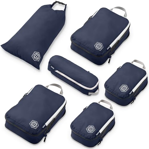 Image of Compression Packing Cubes Set for Carryon Suitcases- Lightweight, Durable Clothes Organizer, Nautical Navy (Navy Blue and White), 6 Piece