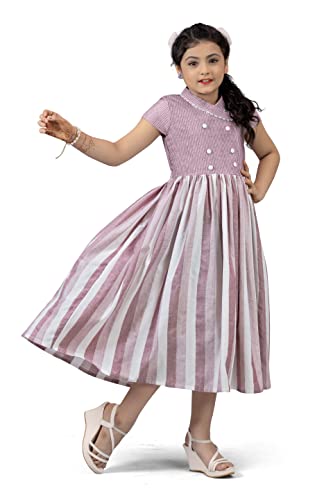 Image of Fashion Dream Girl Double Breasted Stripe Pattern Calf Length Dress(Pink 3-4 Year)