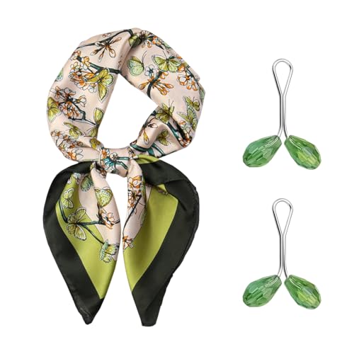 ATBUSS 1 Bufanda De Seda Floral De Mariposa Y 2 Hebillas De Bufanda De Seda De Cristal, Bufanda Cuadrada Pequeña Con Pintura Al Óleo De Satén, Bufanda Para El Cuello, Regalos Para Amigos(Verde).