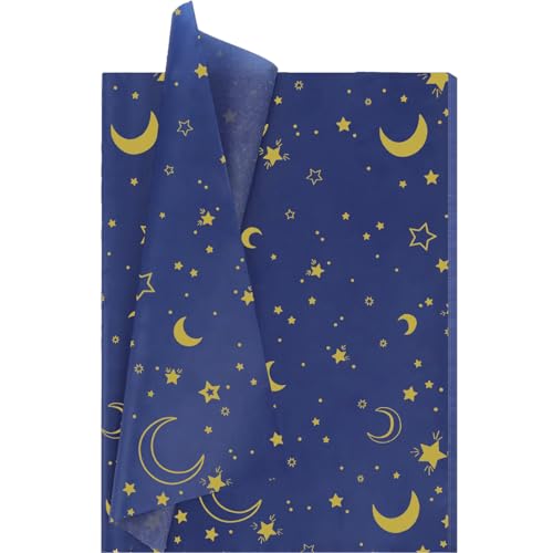 Jwssor Star Moon Blue Gold Tissue Paper,20sheets 20x14inch Xmas Wrapping Paper,Blue Star for Christmas Wedding Birthday DIY Crafts