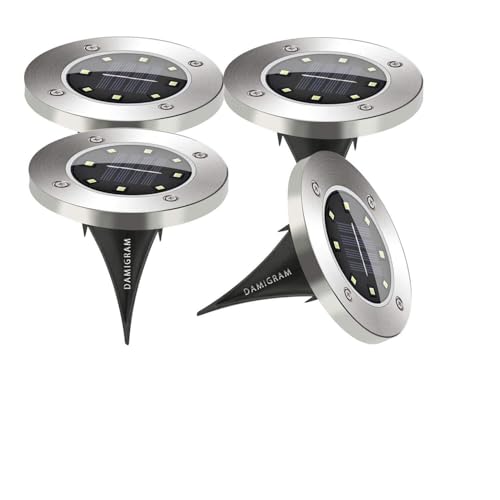 DAMIGRAM 4 Pack Solar Powered Ground Lights Water-Resistant Landscape Lighting Path Lights Garden Spike Lighting for Lawn Pathway Yard Driveway Patio Walkway Pool Area (Warm White)