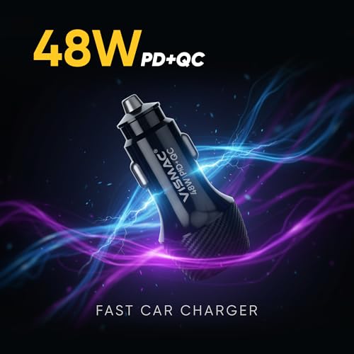 Image of Vismac 48W PD & QC Fast Car Charger | Dual Port USB-A & Type-C | Carbon Fiber Design | Smart LED Indicator | Quick Charge with Over Voltage, Temperature & Current Protection