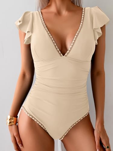 Image of Aidonger Women's One Piece Ruffle Swimsuit Tummy Control Bathing Suit V Neck Shell Stitched Swim Suit Slimming Swimwear