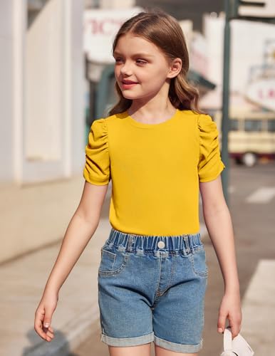 Image of Arshiner Girls Puff Short Sleeve Shirts Summer Ribbed Knit Crewneck T Shirt Tops Tee Blouse