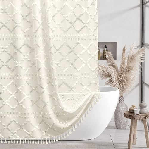 Siiluminisoy Cream Boho Woven Fabric Shower Curtain, 72 x 72 Tufted Chevron Textured Striped Modern Farmhouse Minimalist Cloth Curtain for Bathroom