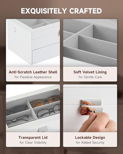 Image of CO-Z Sunglasses Organizer with 12 Slots, Leather Eyeglasses Storage Box for Women Men, 2 Story Lockable Display Case for Multiple Glasses, Sunglasses Jewelry Collection Holder with Drawer, White