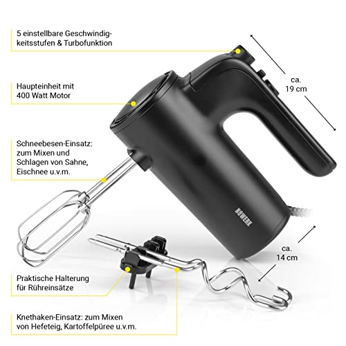 Foto von N8WERK Handmixer in der Midnight Edition | 2 Rührbesen und 2 Knethaken aus Edelstahl | 5 Geschwindigkeiten plus Turbotaste | Halterungen für Einsätze | 400 Watt