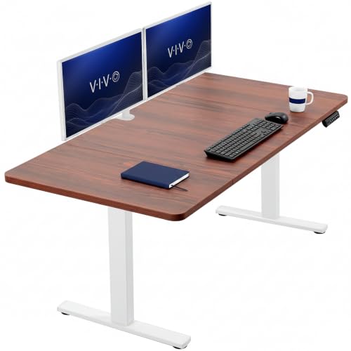 Image of VIVO Dark Walnut 60 x 30 in Standing Desk, DESK-KIT-1W6D-30 | Electric, Holds 220 lbs, Sit Stand, Height Adjustable, Extra Deep Table Top, Memory Presets, 1B Series, White Frame
