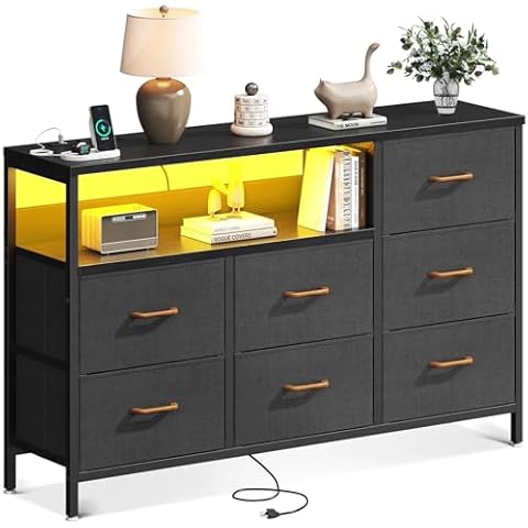 AODK Dresser with LED Lights and Charging Station, 52-Inch Long Dresser for Bedoom with 7 Large Storage Drawers, Fabric Dresser TV Stand with Open Shelves, Dark Grey Cover