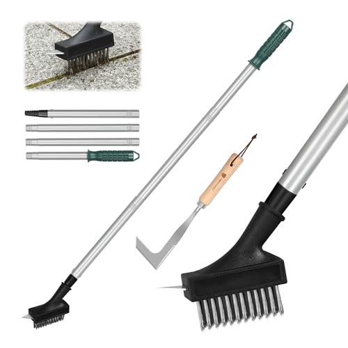 ORIENTOOLS Long Handle Weed Brush Patio Remover Tool whith Stainless Steel Angled Head Acistles Patio Cleaner Wire Brush 134cm 4-section handle.
