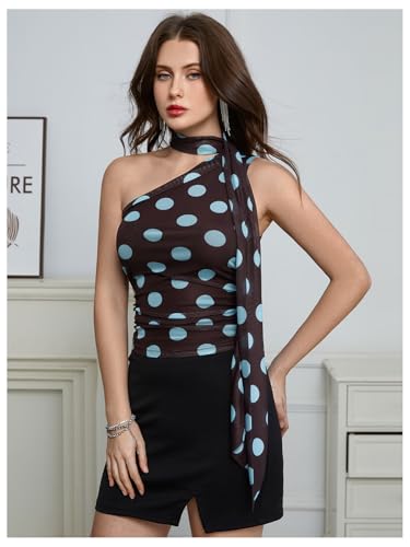 Image of RoseSeek Women's Y2K Leopard Polka Dots Halter Asymmetrical Neck Crop Tops | One Shoulder, Slim Fit, Sleeveless, Cheetah Print, Summer Tops, Scarf Tops, Party, Going Out Tops