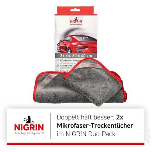 NIGRIN Mikrofaser-Trockentücher Duo Pack XL, extra saugstark, fusselfrei und weich zur schlierenfreien und schonenden Trocknung von Felgen, Lack, 60x40 cm, grau, 2 Stück