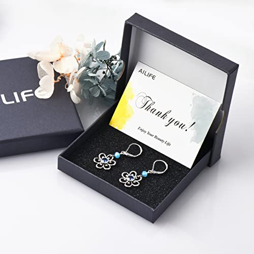 Dangle Flower Earrings For Girls Women, Ailife 14K Real White Gold Plated Drop Earrings With Blue Cubic Zirconia And Aquamarine Gems, Lightweight Hypoallergenic Dangle Earrings With S925 Sterling Silver Leverback #TOP7