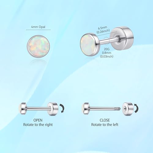 limerencia 20G Titanium Flatback Earrings for Sensitive Ears, G23 Hypoallergenic Titanium Simulated Opal Post Screw Back on Earrings for Cartilage Helix Tragus(4mm,White) by limerencia - Image 6