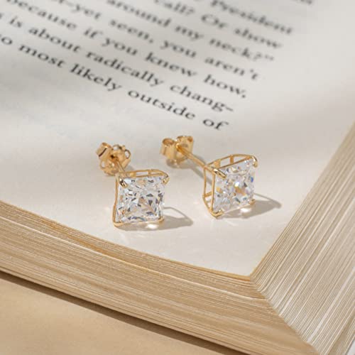 14K Yellow Gold Princess Cut Swarovski Cz Stud Earrings For Women & Men | Cubic Zirconia Earrings Studs With Gold Earring Backs | Square Earrings For Men | 3.5 Carats Total | By Max + Stone #TOP4