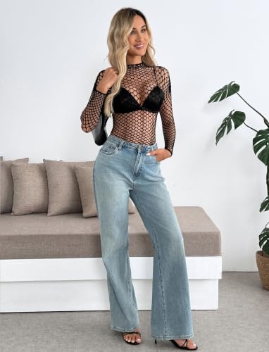 Image of Avidlove Women's Sexy Fishnet Mesh Long Sleeve Tops Mock Neck Sheer Lace See-Through Blouse Bodycon Clubwear Party Tops