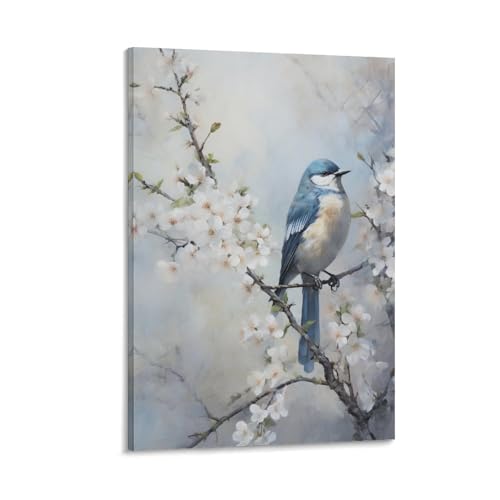 Impression sur toile d'oiseau rustique pour salon | Aquarelle bleu chic
