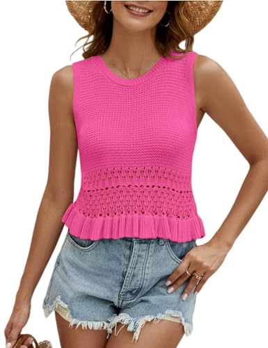Image of CiCiBird Women Cute Crop Sweaters Vest Knit Sleeveless Pullover Tops Crochet Ruffle Hem Tank