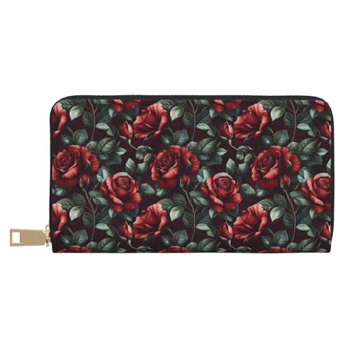 Vintage Red Rose Print Wallet Women, Leather Bifold Multi Card Wallet, Long Purse Women's Wallets